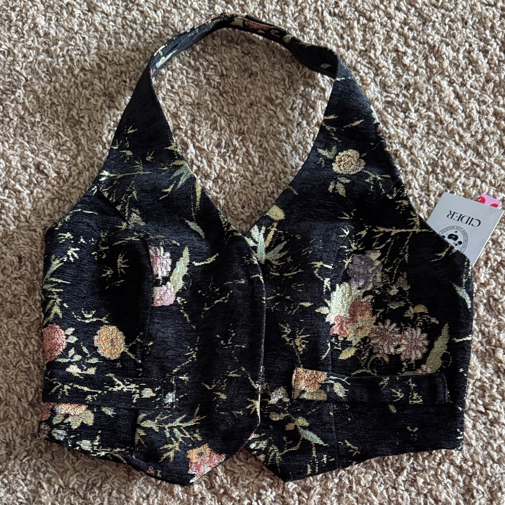 Floral Black Vest tapestry fitted style halter